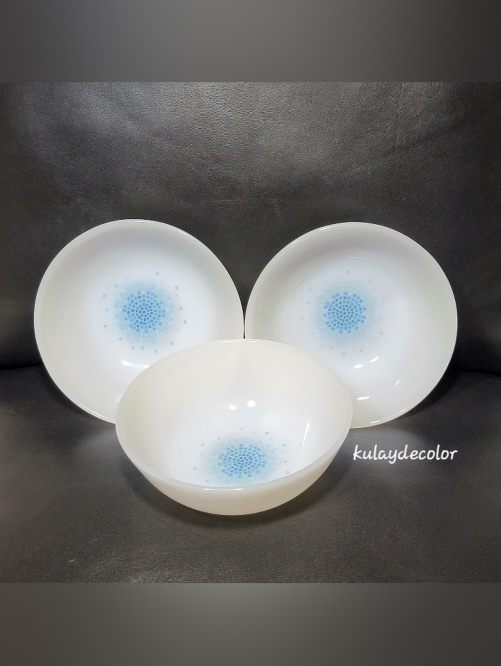 Vintage Fire-King Blue Mosaic Milk Glass Bowls Set of 3, 4.5" Dessert Berry Bowl